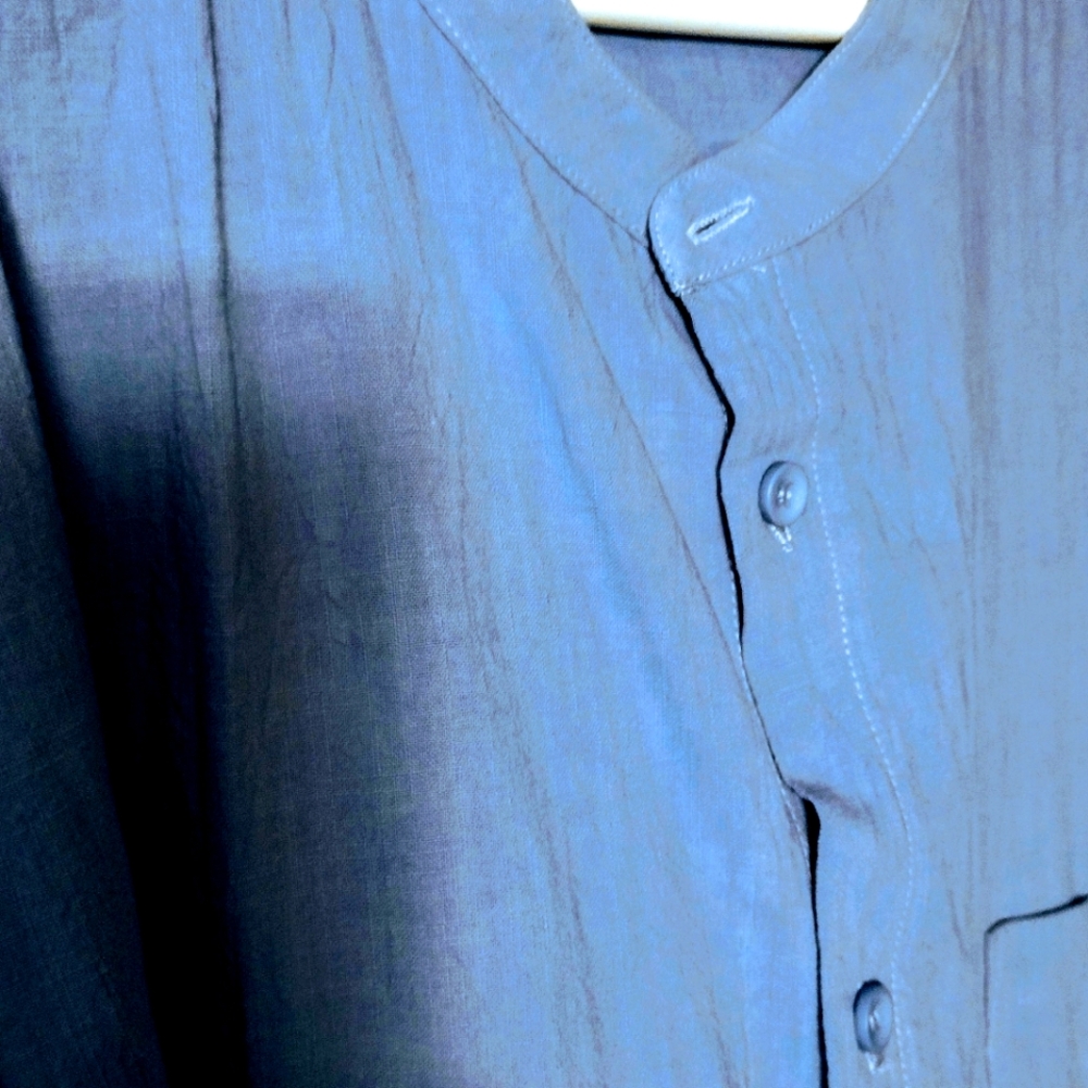 Hipster Collarless 100% Cotton Button Down Blue Shirt